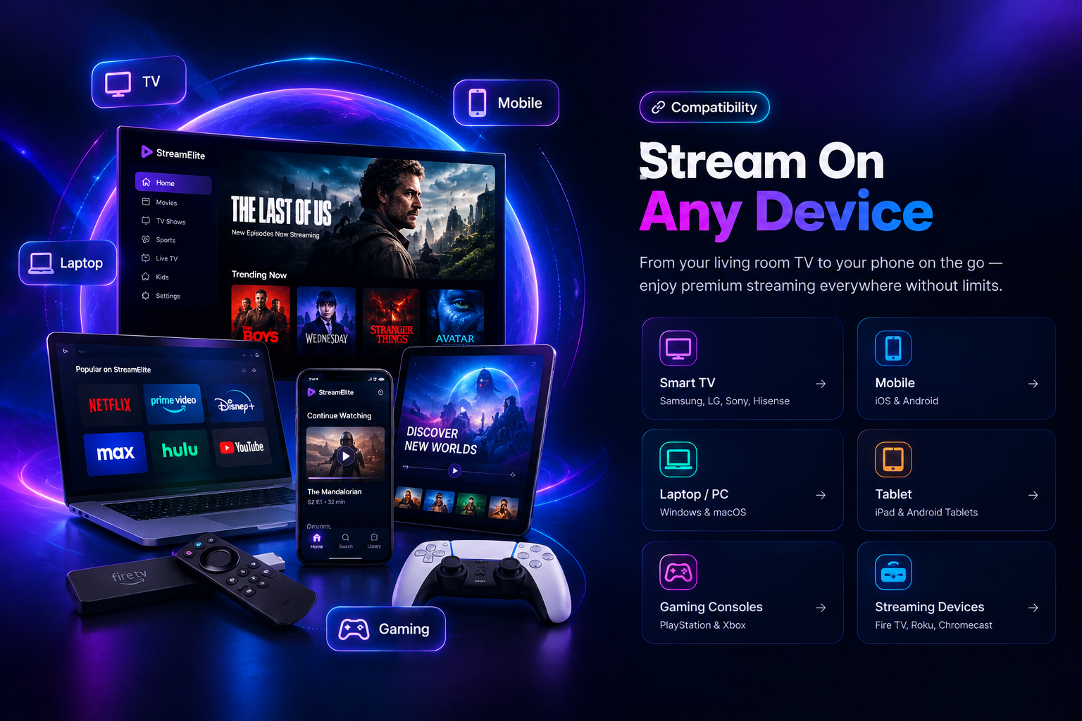 Streaming on TV, mobile, laptop and gaming devices
